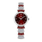 Ladies wrist watch with red dial, silver-tone case, and red and crystal bezel accents
