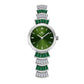 Ladies wrist watch with green dial, silver-tone case, and green and crystal bezel accents