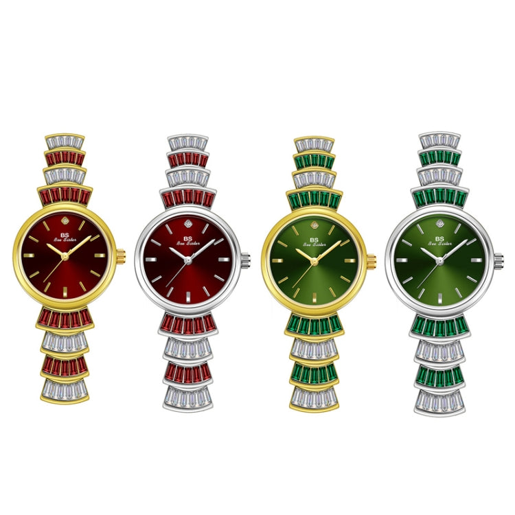 Set of ladies wrist watches with red and green dials and jeweled bezel details