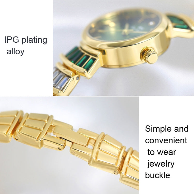 Gold-tone ladies wrist watch bracelet with metal link strap and buckle clasp