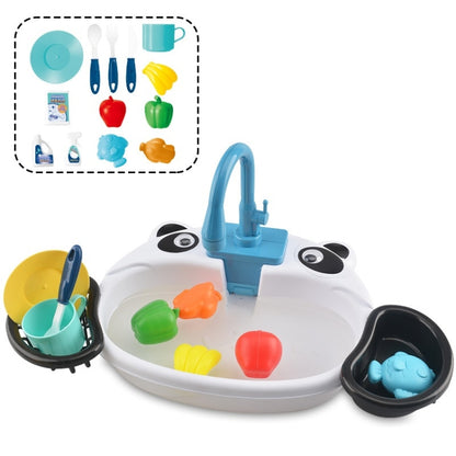 Children’s electric water dishwasher toy with white tub, blue faucet, and colorful pieces