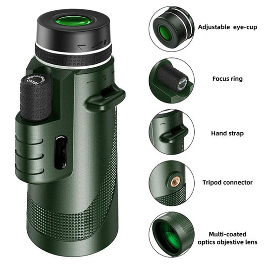 Green night vision monocular showing focus ring, adjustable eye-cup, and hand strap