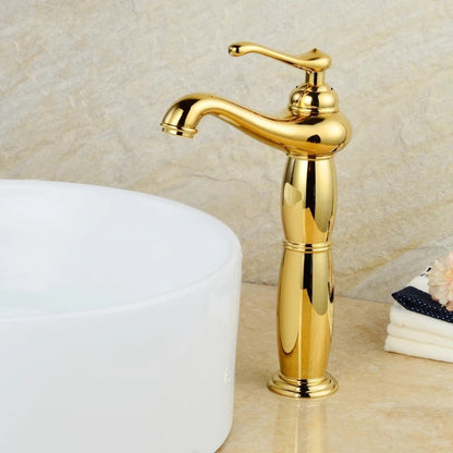 Gold single-hole bathroom sink faucet with curved spout and tall body
