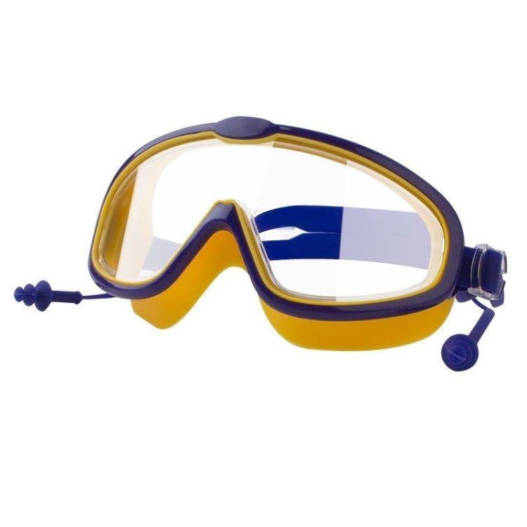 Yellow swimming goggles with mirrored anti-fog lenses and conjoined earplugs