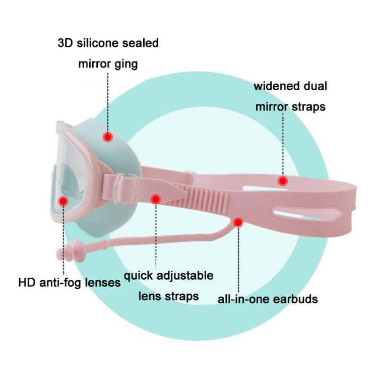 Pink kids swimming goggles with anti-fog lenses, adjustable strap, and earbud-style plugs