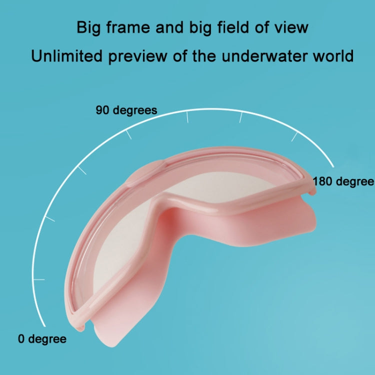 Pink kids swim goggles with wide frame and anti-fog lens