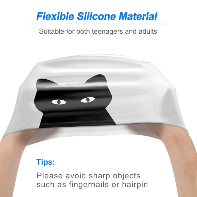 White silicone swimming cap with black cat cartoon print