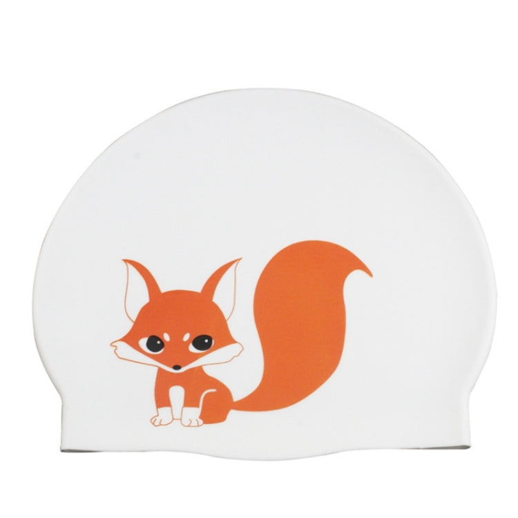 White silicone swimming cap with orange fox cartoon print