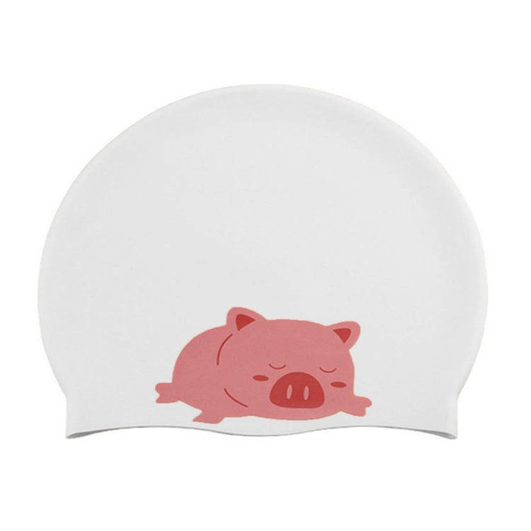 White silicone swimming cap with pink pig cartoon print