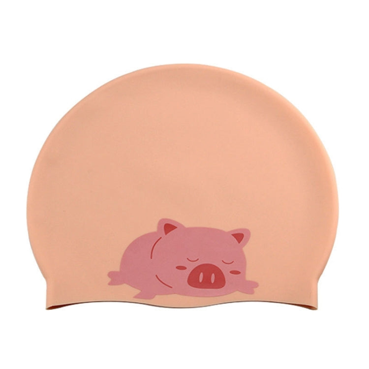 Peach silicone swimming cap with pink pig cartoon print