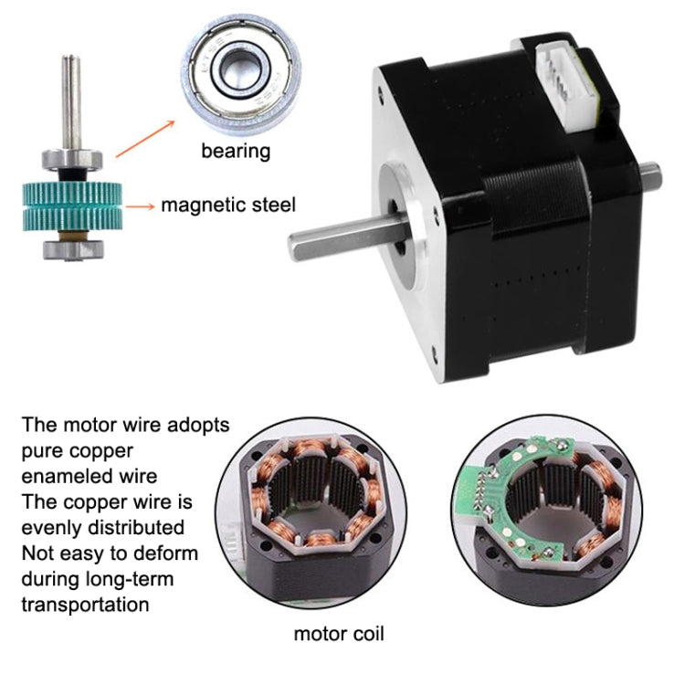 Stepper motor exploded view showing bearing, motor coil, and wiring leads