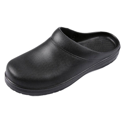 Black slip-on work clogs with rounded toe and perforated footbed