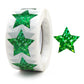 White roll of star sealing stickers with green glitter stars, 25mm size