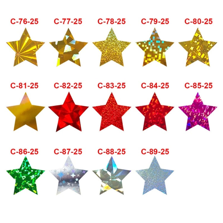 Star sticker design sheet showing multiple 25mm star colors: gold, red, purple, green