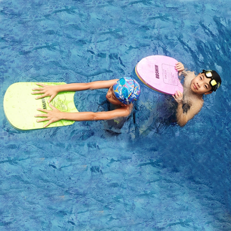 Child using pink and yellow U-shaped EVA floating kickboards with hand slots