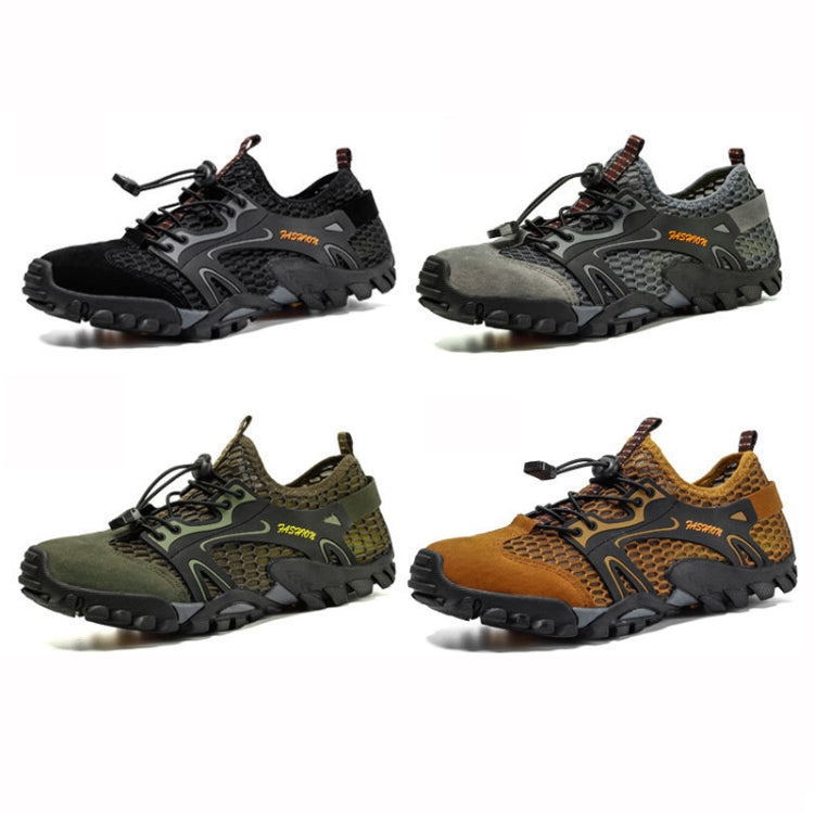 Four-color set of outdoor water shoes: black, gray, green, and brown with lace-up style