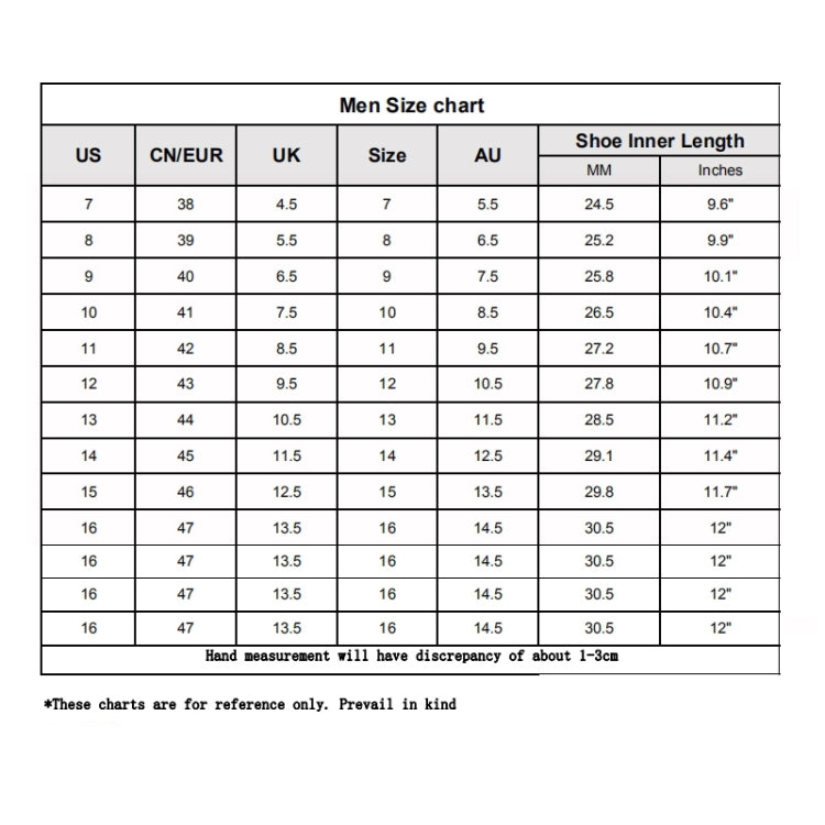 Men shoe size chart showing US, UK, EU sizes and inner length in mm and inches