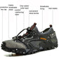 Gray water shoe with feature callouts: breathable lining, grip rubber, and cushioned layer