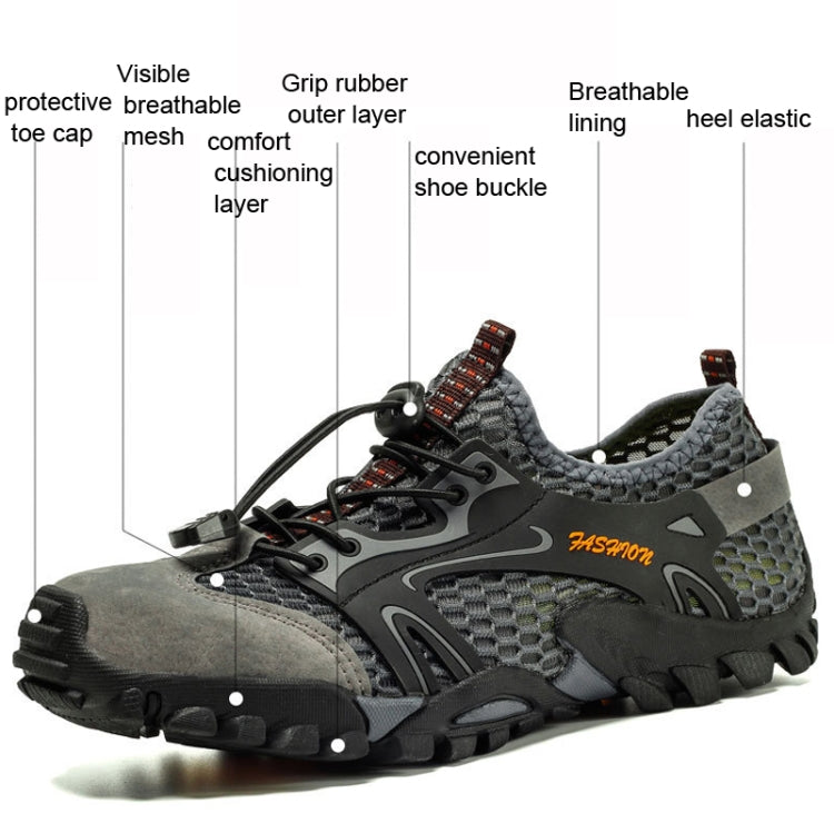 Gray water shoe with feature callouts: breathable lining, grip rubber, and cushioned layer