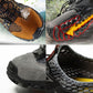 Close-ups of orange and gray water shoes with textured uppers and treaded rubber soles