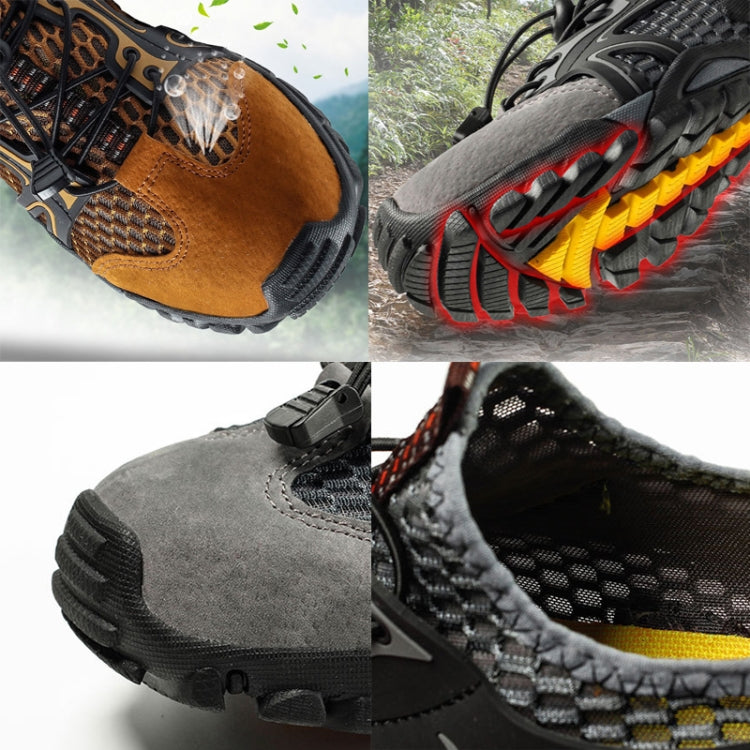 Close-ups of orange and gray water shoes with textured uppers and treaded rubber soles