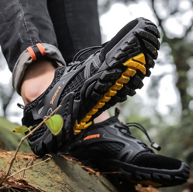 Black hiking outdoor sandals, laced upper with yellow treaded sole
