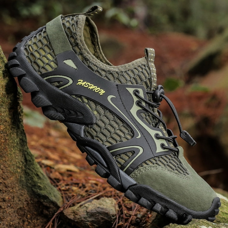 Olive-green lace-up outdoor sandals with textured mesh panels and thick black traction sole