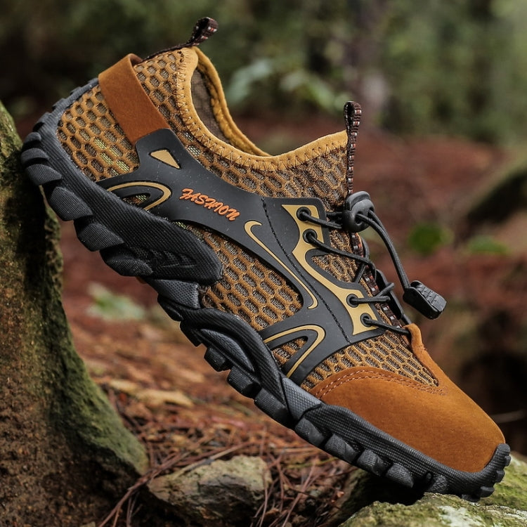 Brown outdoor wading sandals with lace-up design, mesh upper, and black tread sole