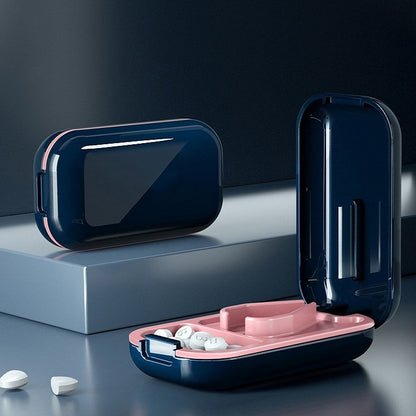 Mini pill cutting storage box dispenser, sapphire blue hinged case