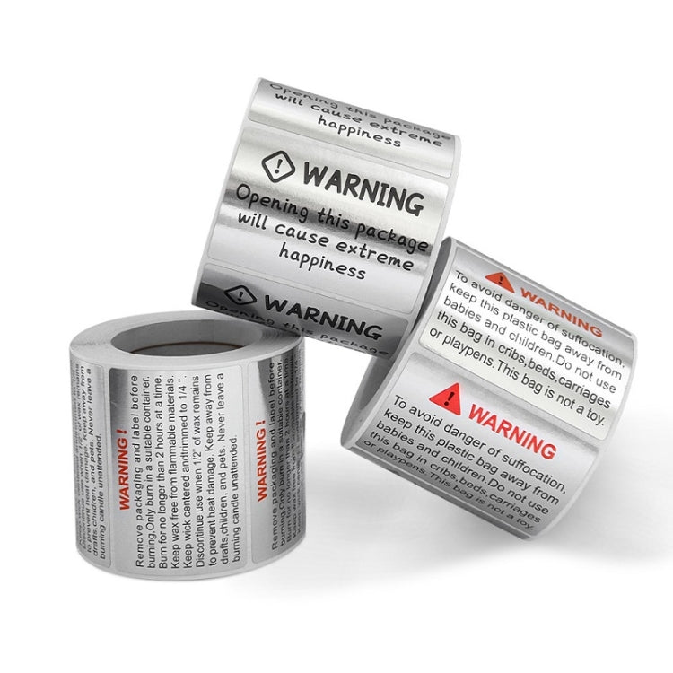 Gray warning sealing sticker roll, 40x60mm, opening package text and warning icons