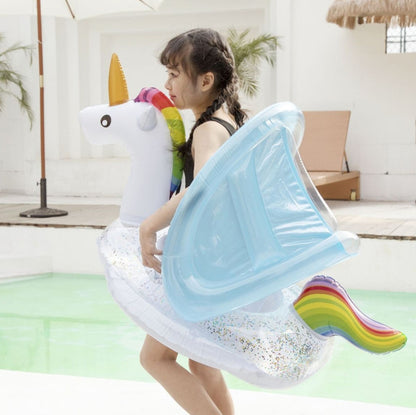Inflatable kids unicorn swimming ring with blue sunshade, rainbow tail and glitter base