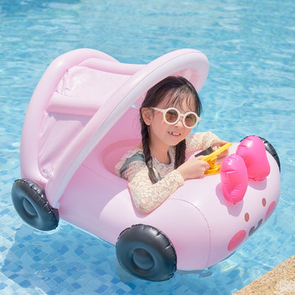 Pink car-shaped inflatable pool float with baby sunshade and steering wheel