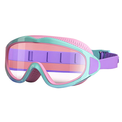Children anti-fog swimming goggles with teal frame and purple tinted lenses, wide strap
