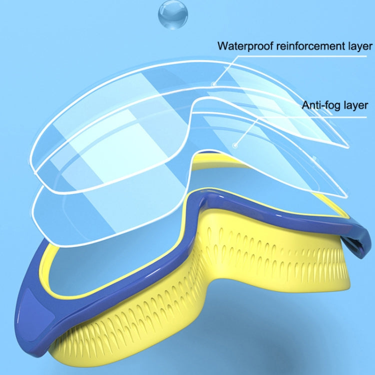 Children anti-fog swimming goggles close-up, blue and yellow frame with tinted lenses