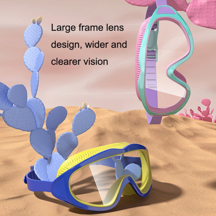 Children swimming goggles with large lens design, blue and yellow frame with tinted visor
