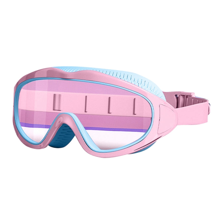 Children anti-fog swimming goggles with pink frame and purple tinted lenses, wide strap