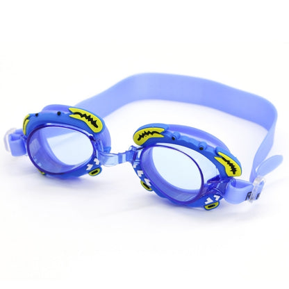 Blue kids swimming goggles with anti-fog clear lens and cartoon shark graphics