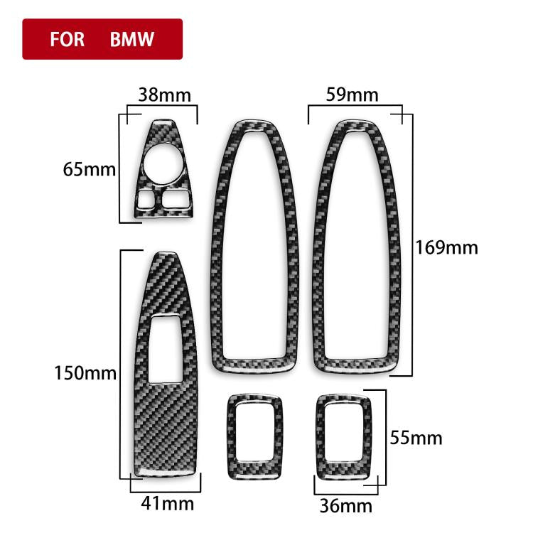 BMW door lift sticker set diagram with carbon-fiber look pieces and measurements