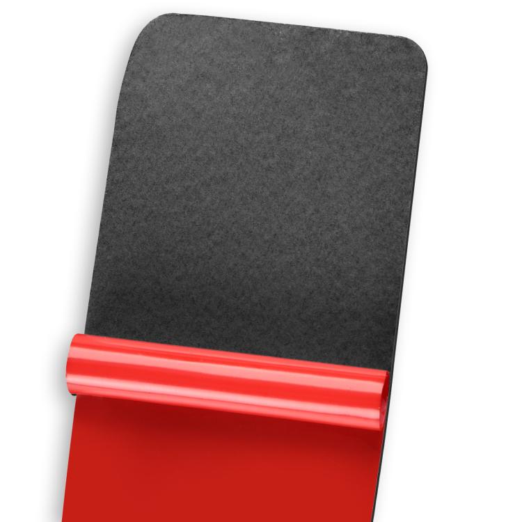 Adhesive backing sheet with red protective strip for carbon-fiber door lift stickers