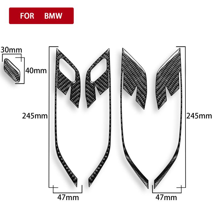 Right-hand drive door handle frame sticker set with size diagram, carbon fiber look