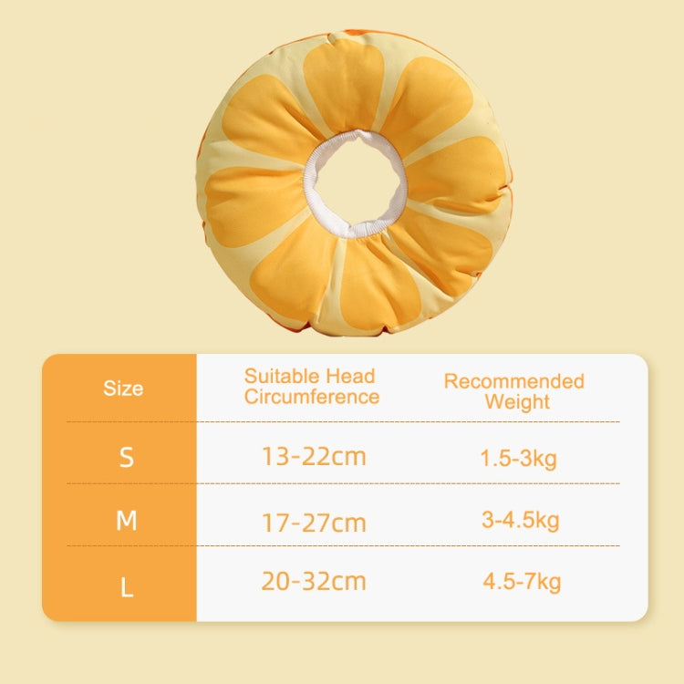 Orange ruffled kitten anti-lick head cover collar with size chart for S, M, L
