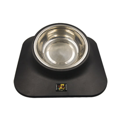 Black tilted pet food feeder with stainless steel single bowl