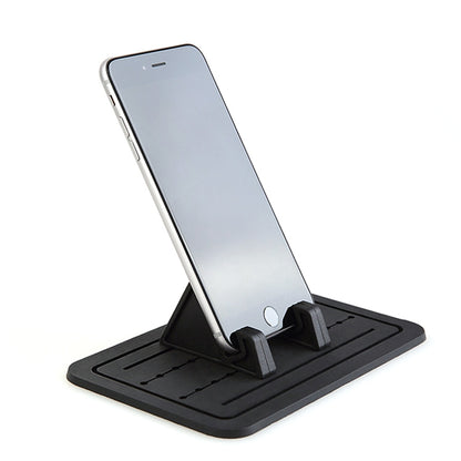 Car phone holder with adjustable silicone pad base, holds phone upright