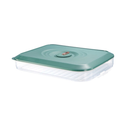 Stackable dumpling storage box with green lid and clear base, single layer.
