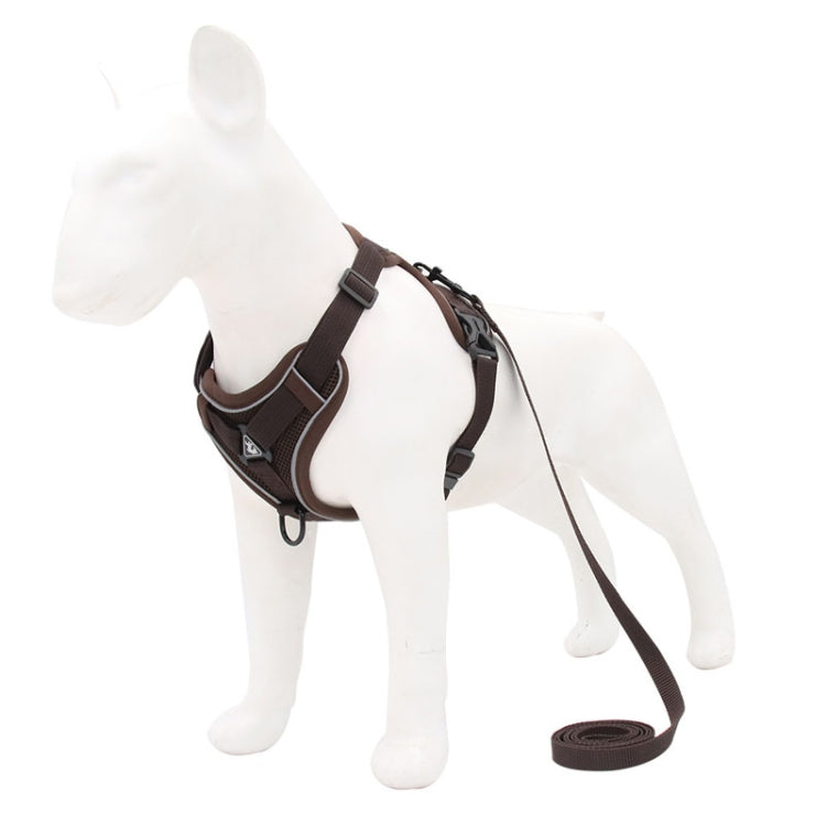 Brown dog chest traction vest with adjustable straps and long leash rope