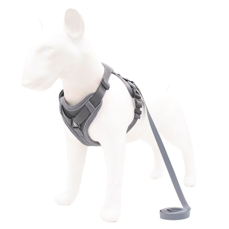 Gray dog chest traction vest with adjustable straps and long leash rope