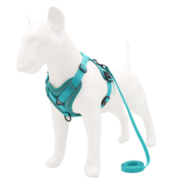 Turquoise dog chest strap vest harness with front loop and leash rope coil