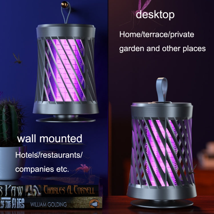Mosquito killer lamp shown wall-mounted and desktop with purple UV glow