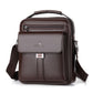 Men's brown leather-look messenger bag with front flap, zip pocket, and adjustable shoulder strap
