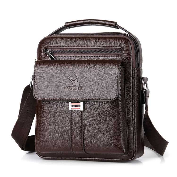 Men's brown leather-look messenger bag with front flap, zip pocket, and adjustable shoulder strap